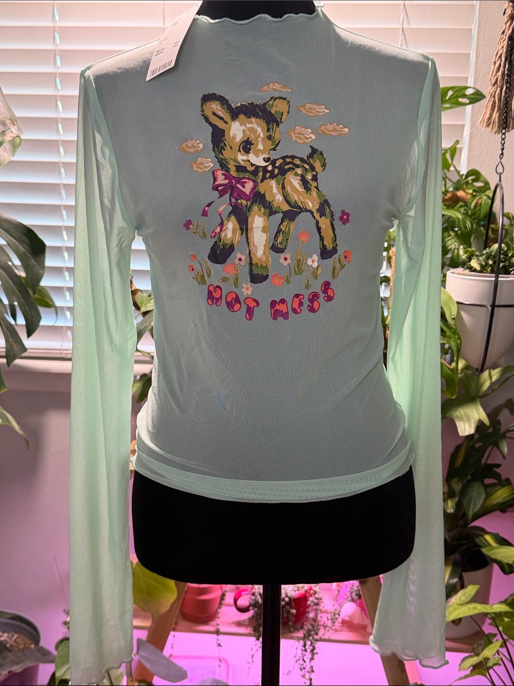 NWT Urban Outfitters Teagan Hot Mess Mesh Top Mint Green Deer